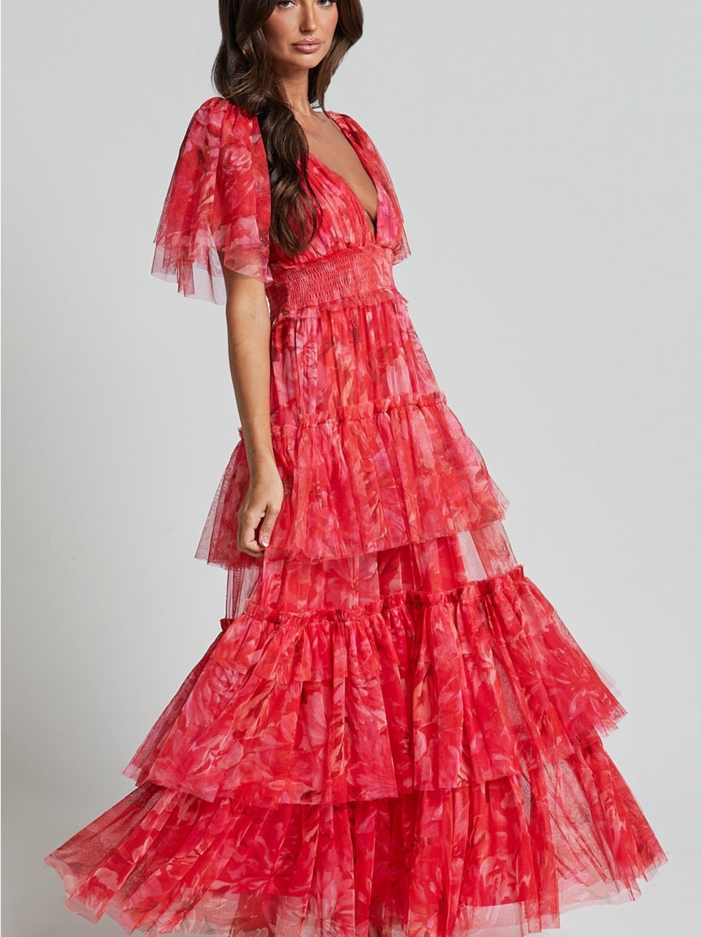 Showpo Leianna Tiered Floral Maxi Dress in Pink-Red